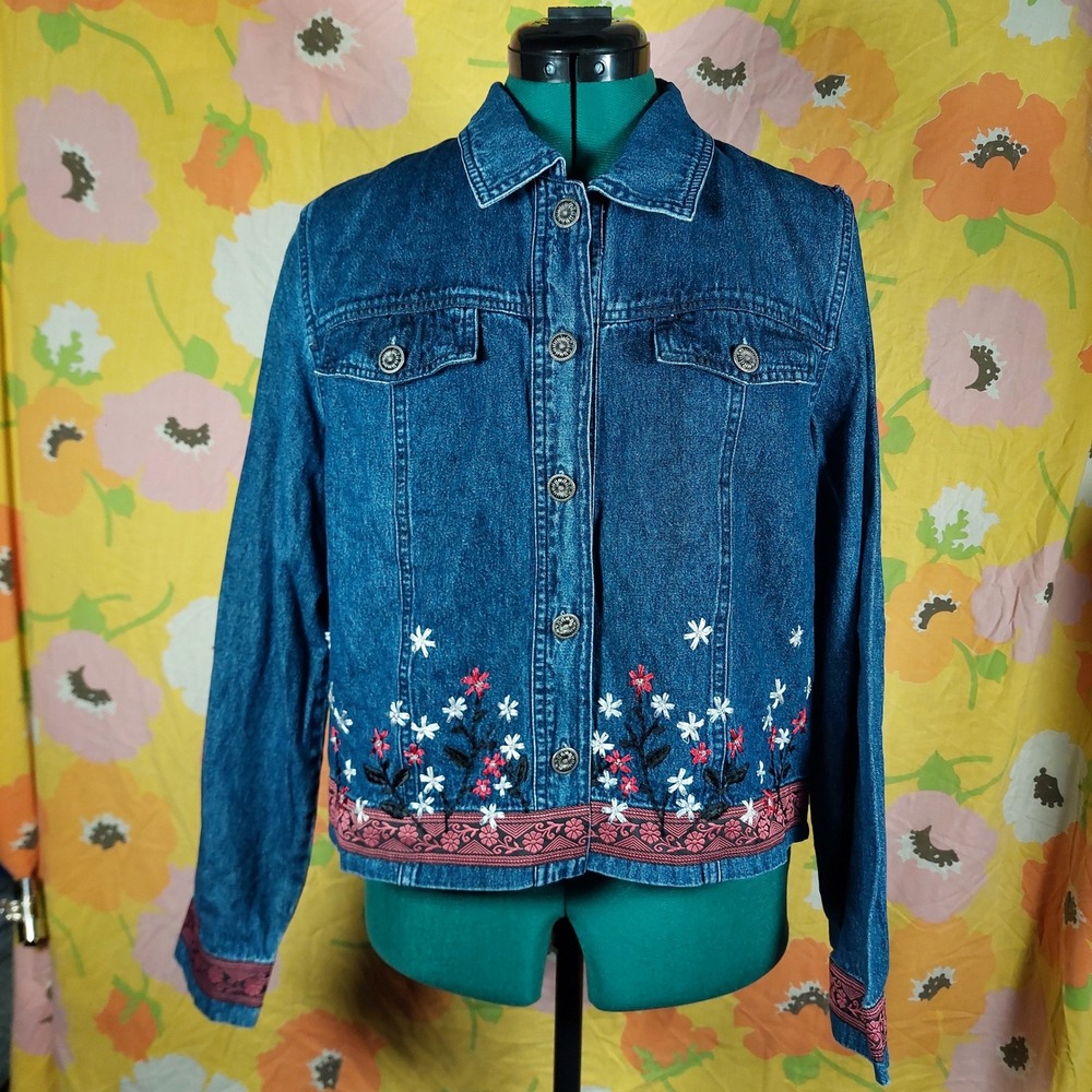 Stonebridge Denim Jacket Y2K Floral Embroidery Metal Flower Buttons Medium Blue